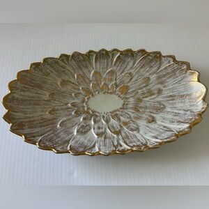 Vintage MCM Royal Haeger 22K Gold Tweed 364H long scalloped dish bowl